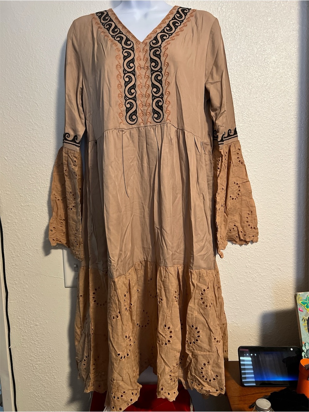 Boho Embroidered Tan Bell-Sleeve Dress Size medium